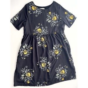Piper and Scoot Dress Large Black Yellow Floral Modest Midi Spring